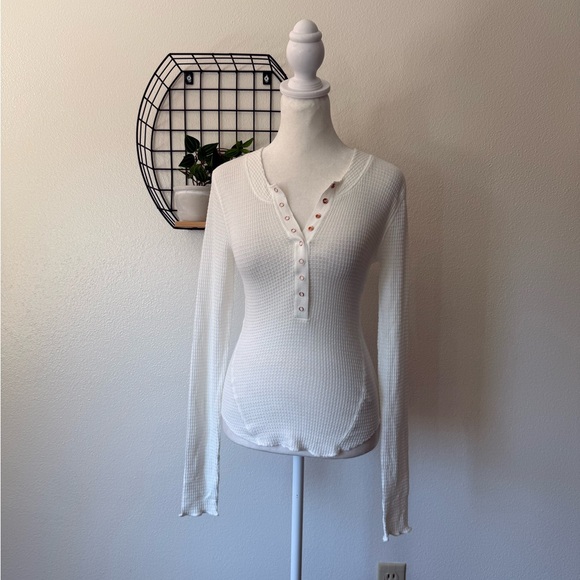 Free people white waffle knit Henley top - Picture 1 of 6